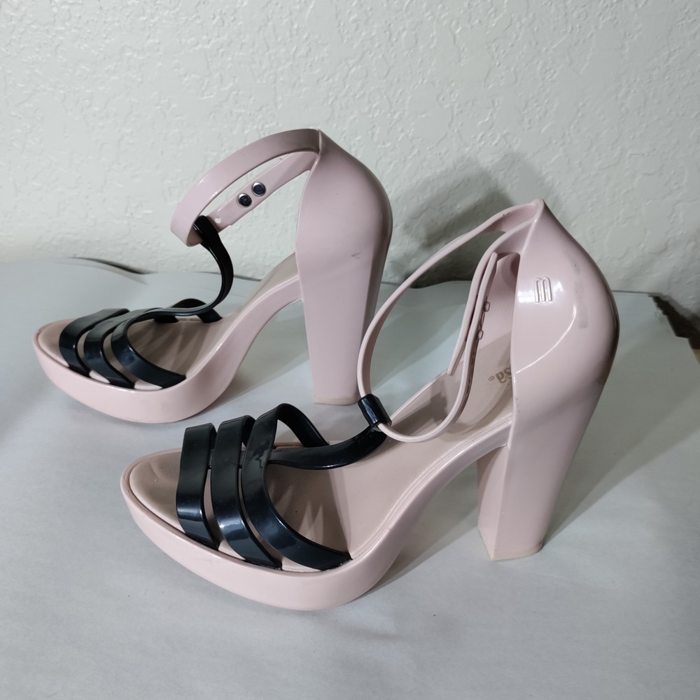 Melissa Jelly Platform Sandals Pink Black T-Strap Block Heel Brazil Women 8 39